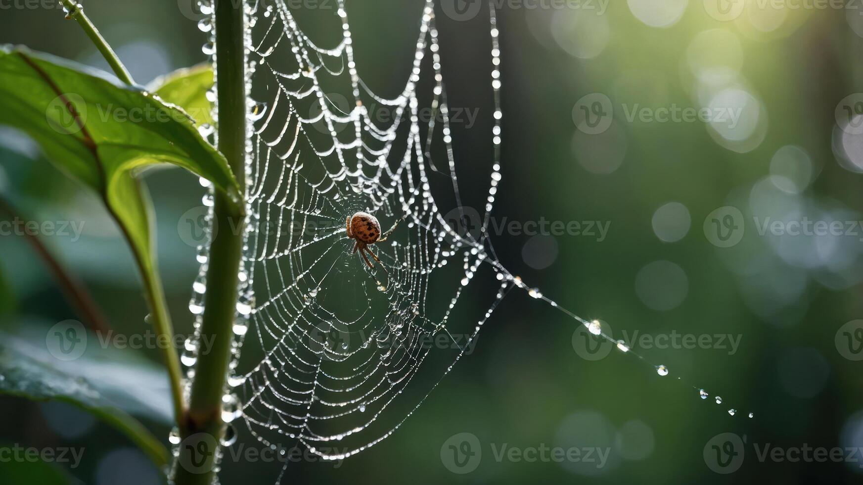 A close-up of a spider web adorned with dew drops, highlighting nature's intricate beauty. photo