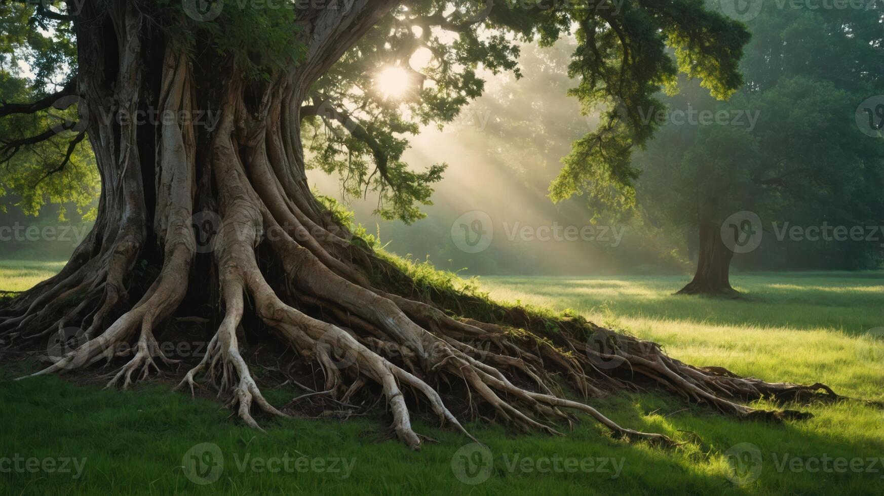 A majestic tree with sprawling roots bathed in sunlight, creating a serene natural scene. photo