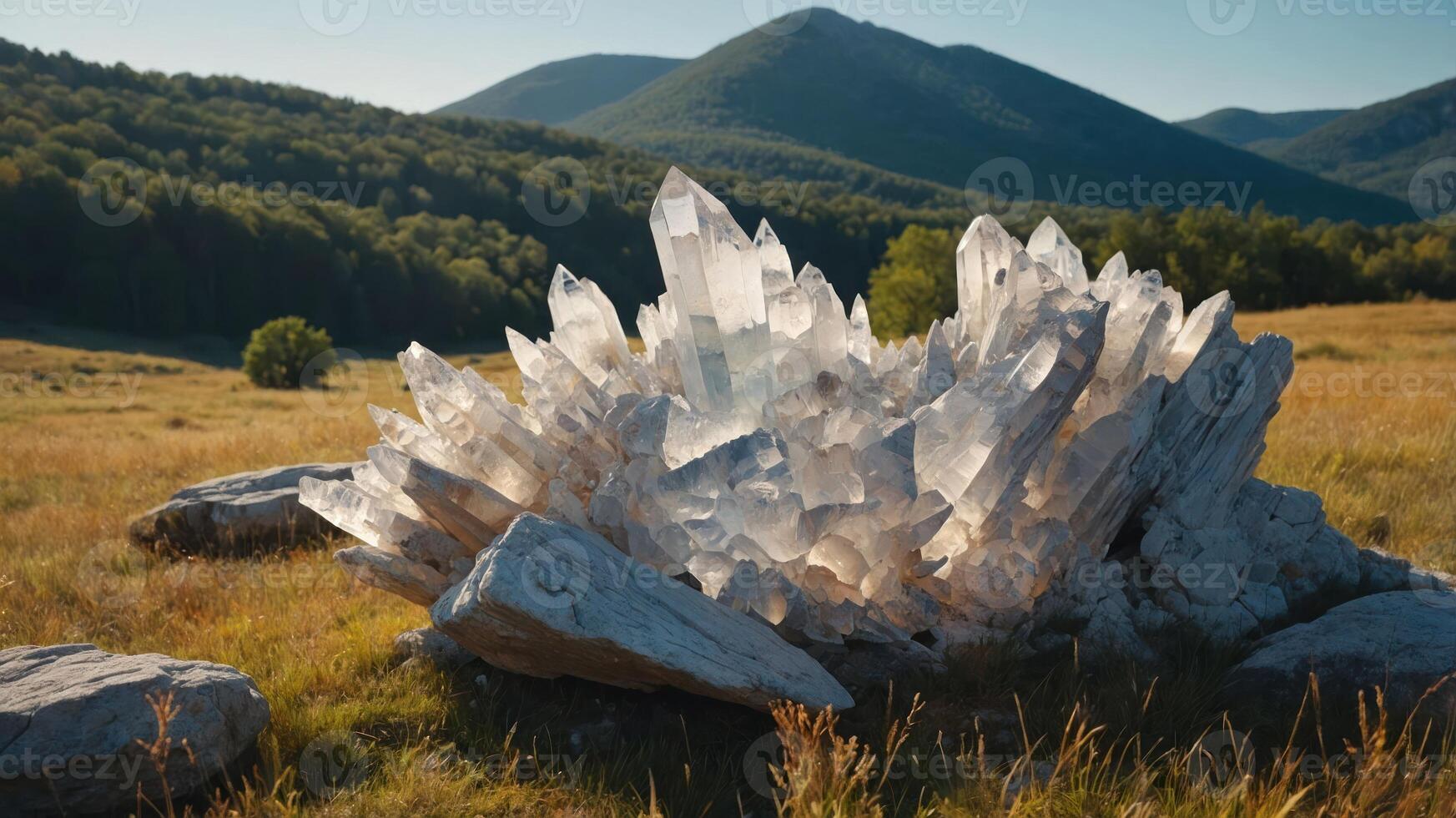 A large cluster of clear quartz crystals in a grassy landscape surrounded by mountains. photo