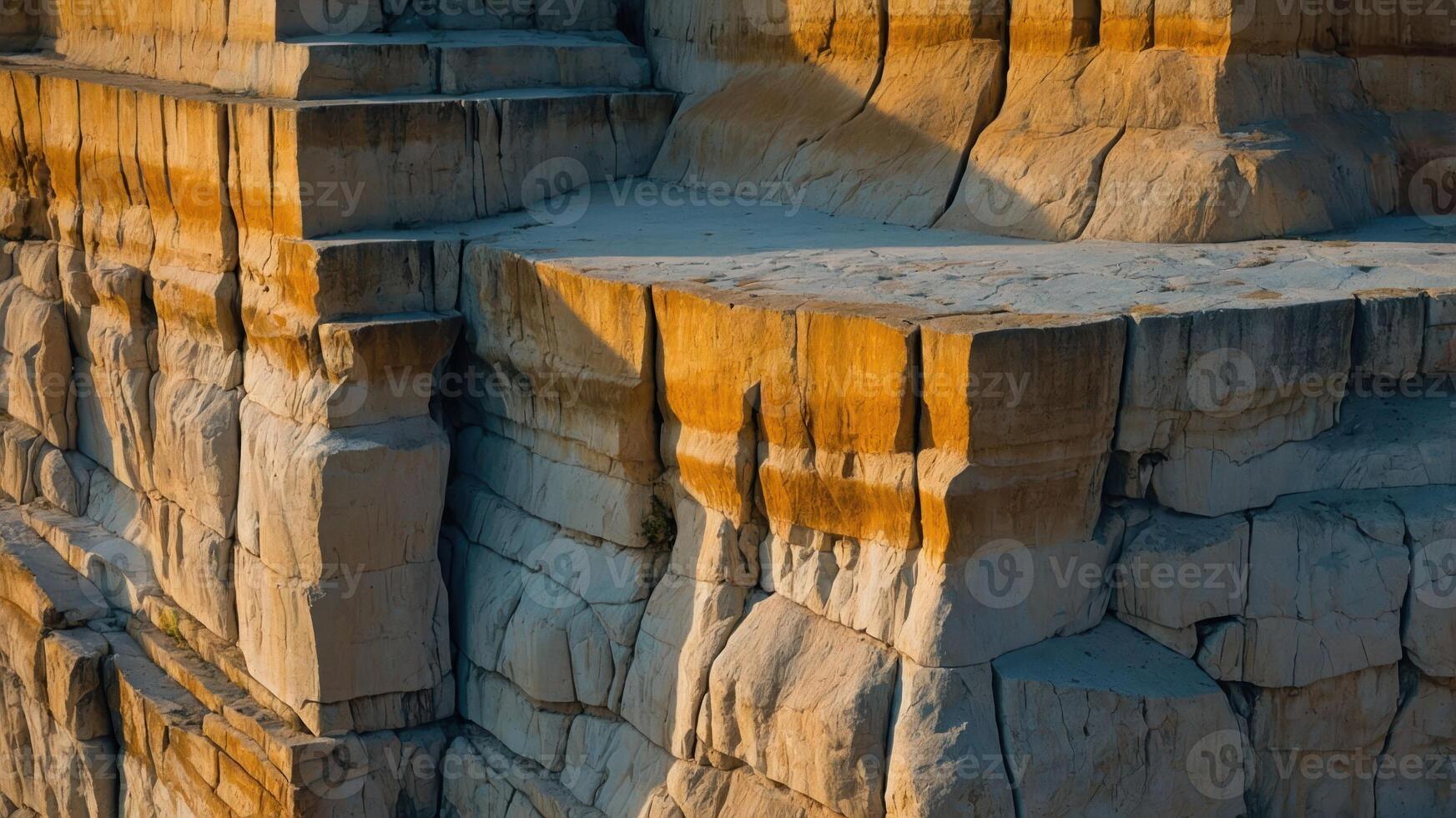 A close-up of layered rock formations illuminated by warm sunlight. photo