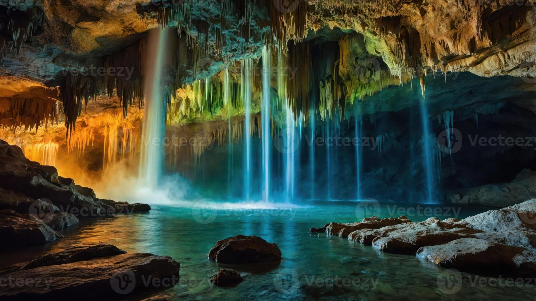 A stunning cave with cascading waterfalls and colorful lighting reflecting in the water. photo