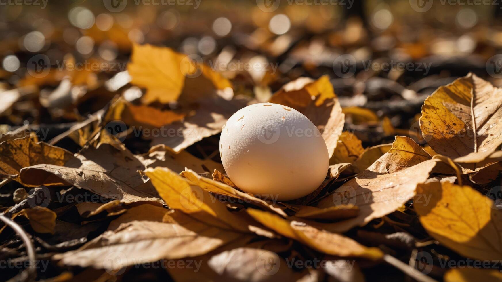 A solitary white egg rests among vibrant autumn leaves on the forest floor. photo