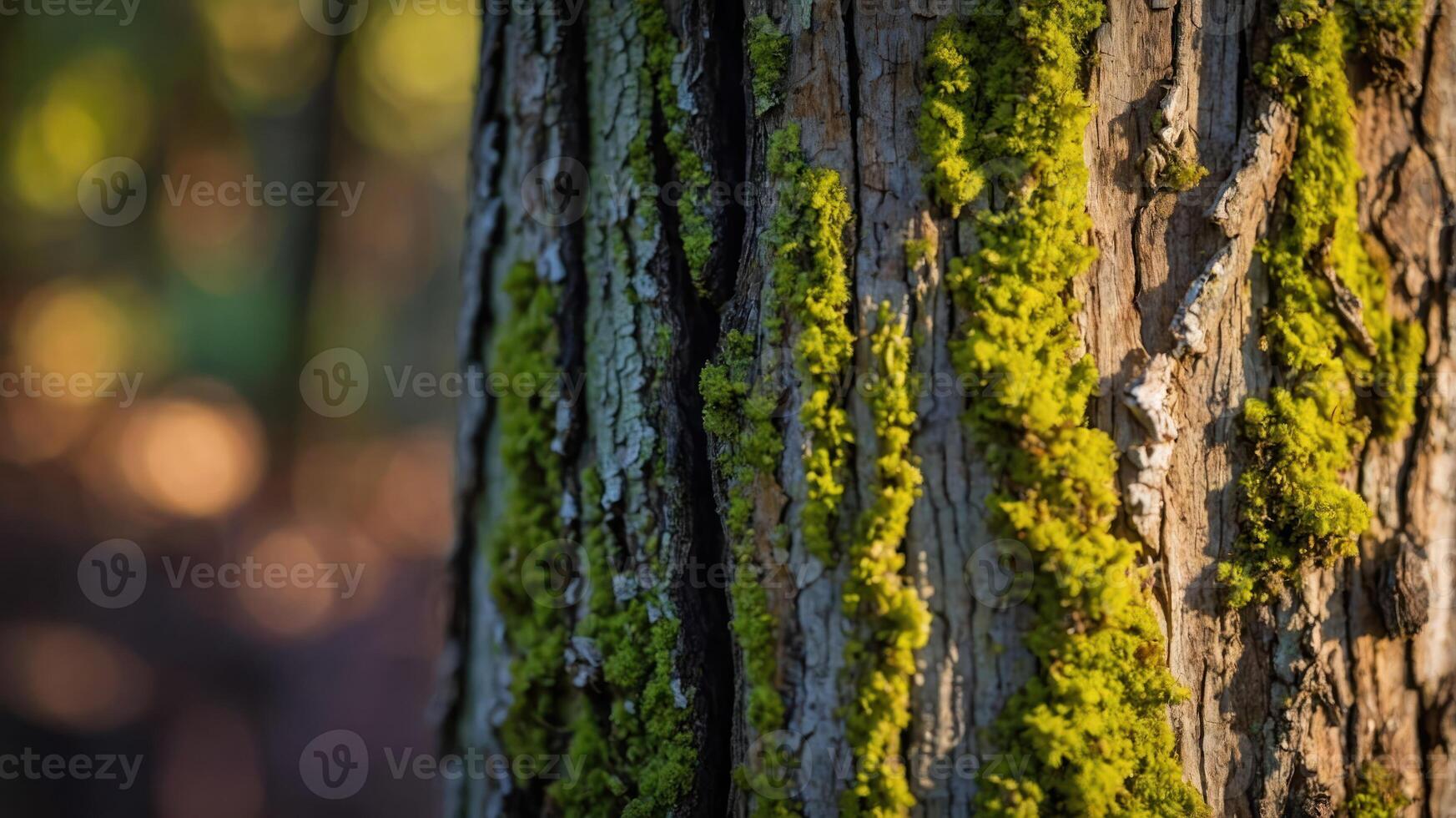 Close-up of a tree trunk covered in green moss, showcasing natural textures and colors. photo