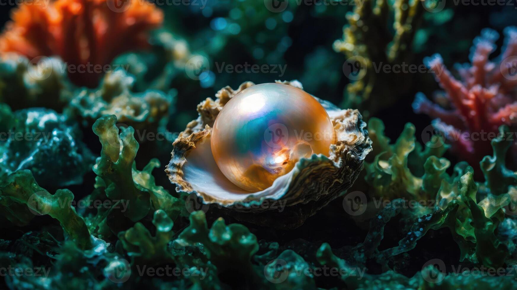 A luminous pearl nestled in an oyster among colorful coral and seaweed. photo