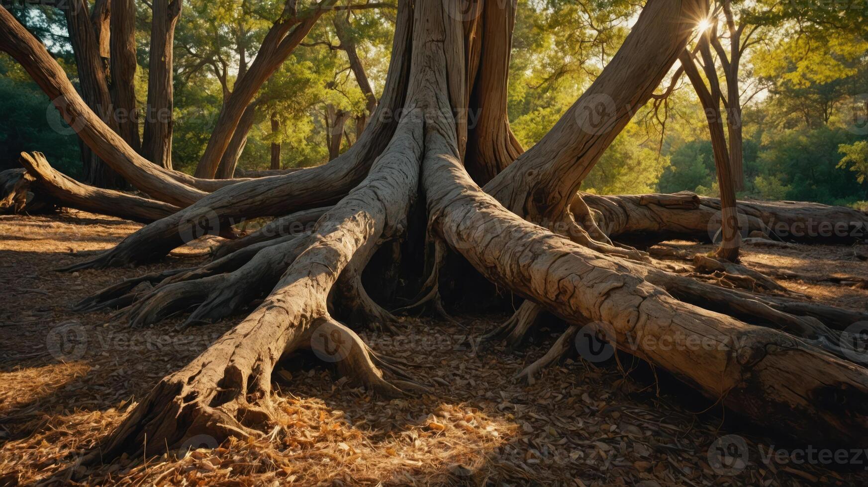 A close-up view of a large tree's roots in a serene forest setting. photo