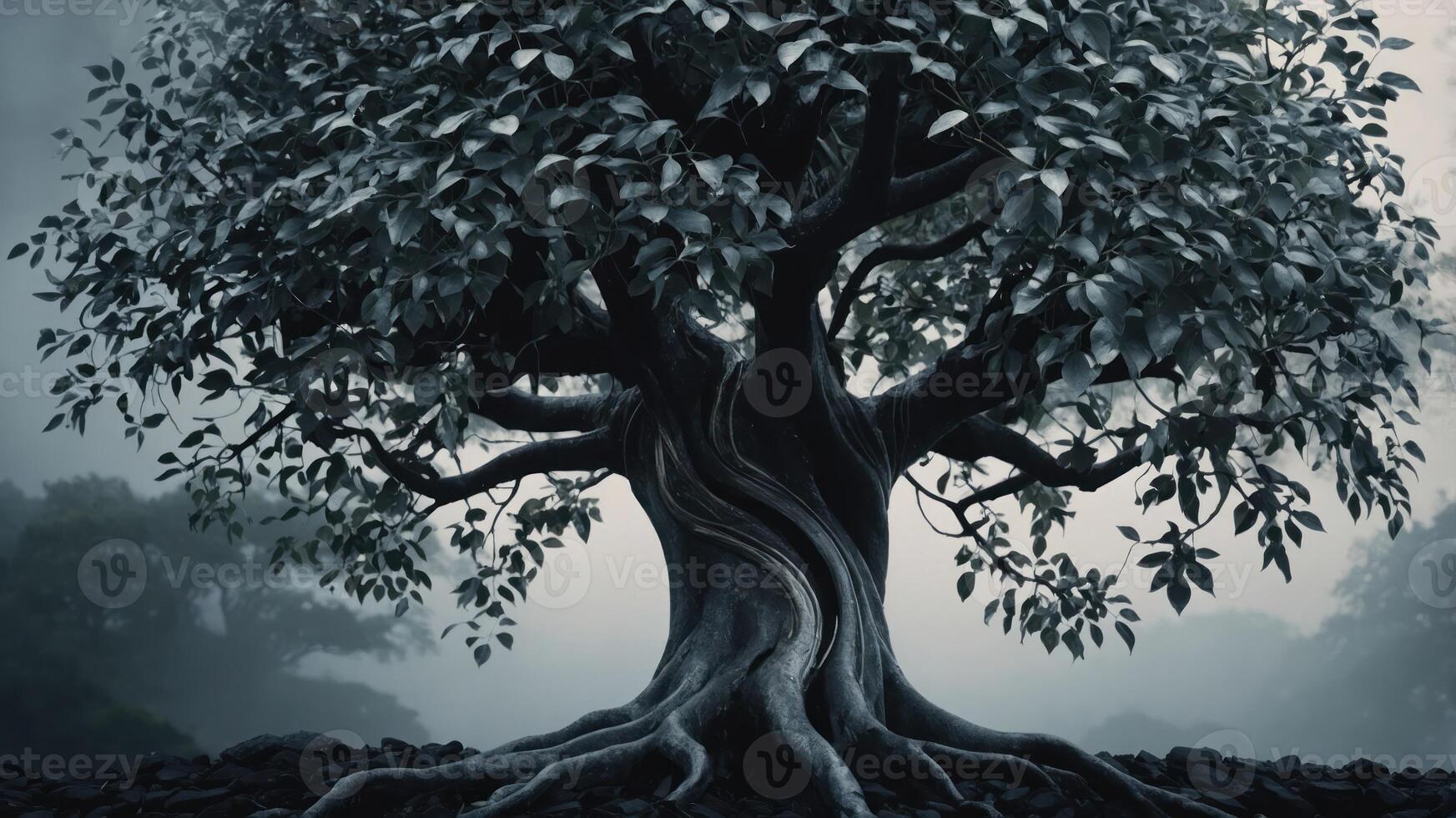 A majestic tree with intricate roots and leaves, set against a misty background. photo