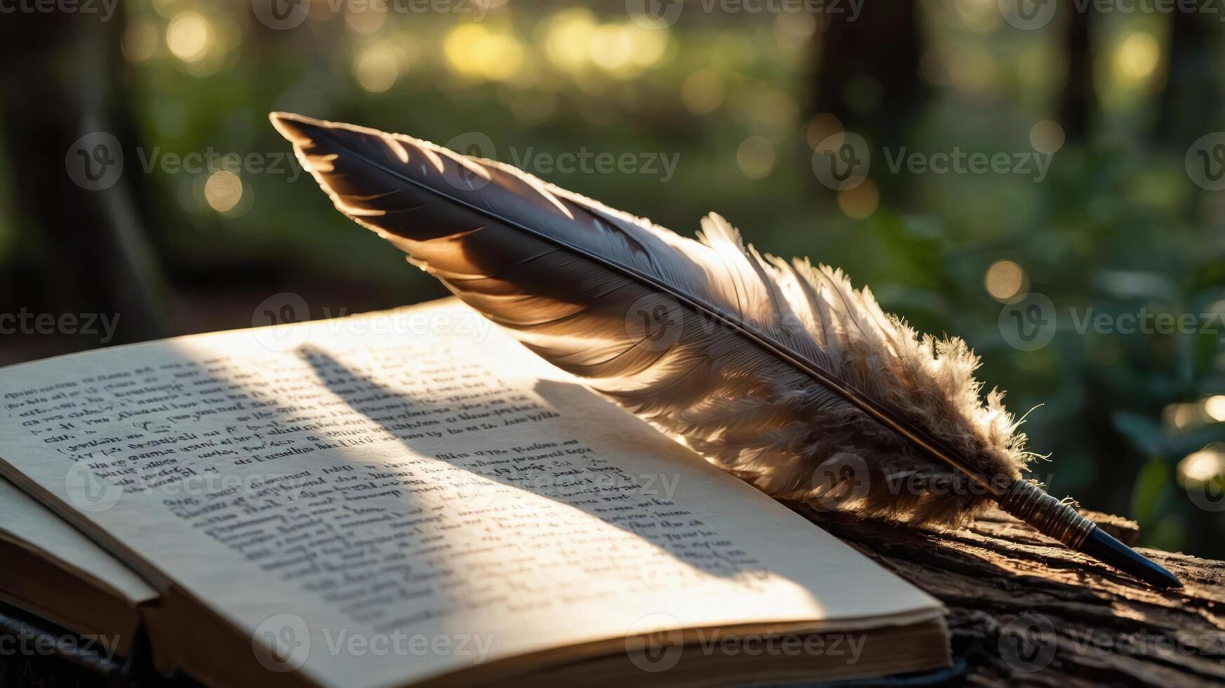 A quill rests on an open book, illuminated by soft, natural light in a serene setting. photo