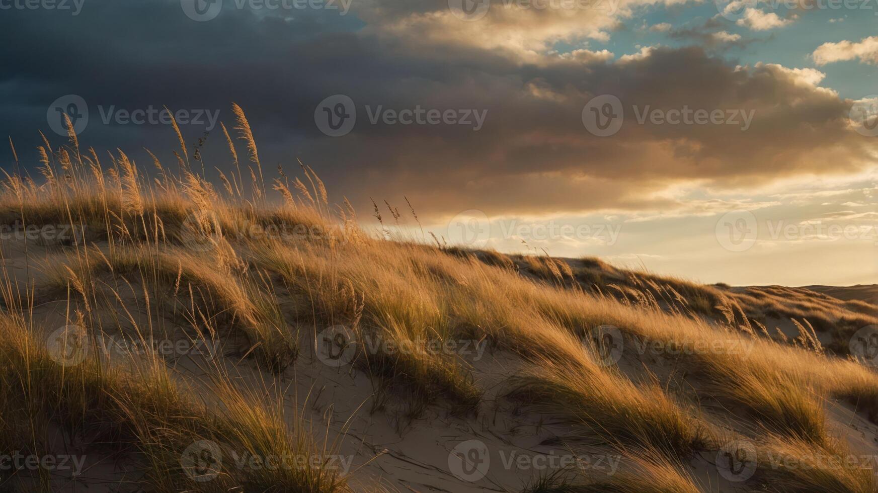 A serene landscape of sand dunes with tall grass swaying under a dramatic sky. photo