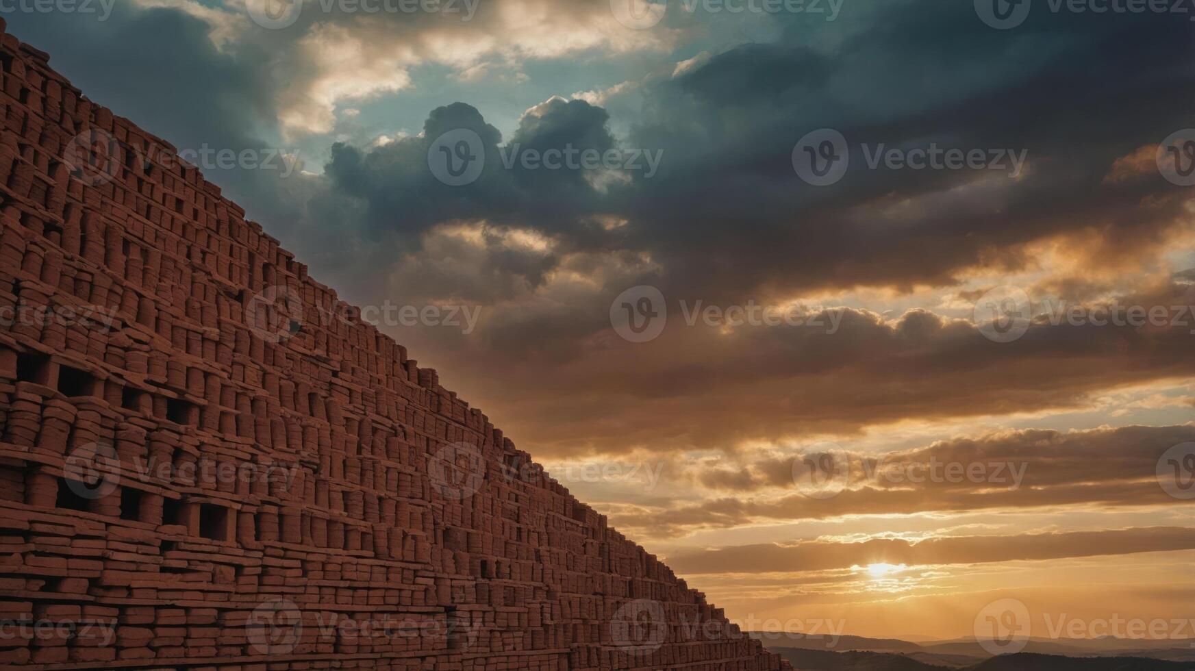 A dramatic sunset behind a brick structure, showcasing industrial architecture. photo