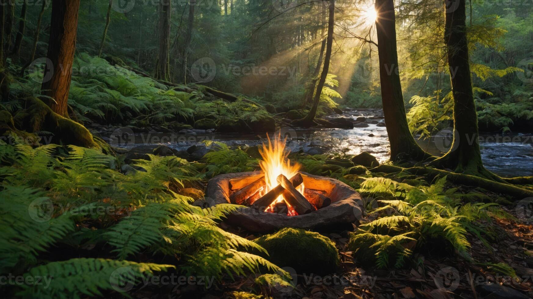 A tranquil campfire in a lush forest, illuminated by sunlight filtering through trees. photo