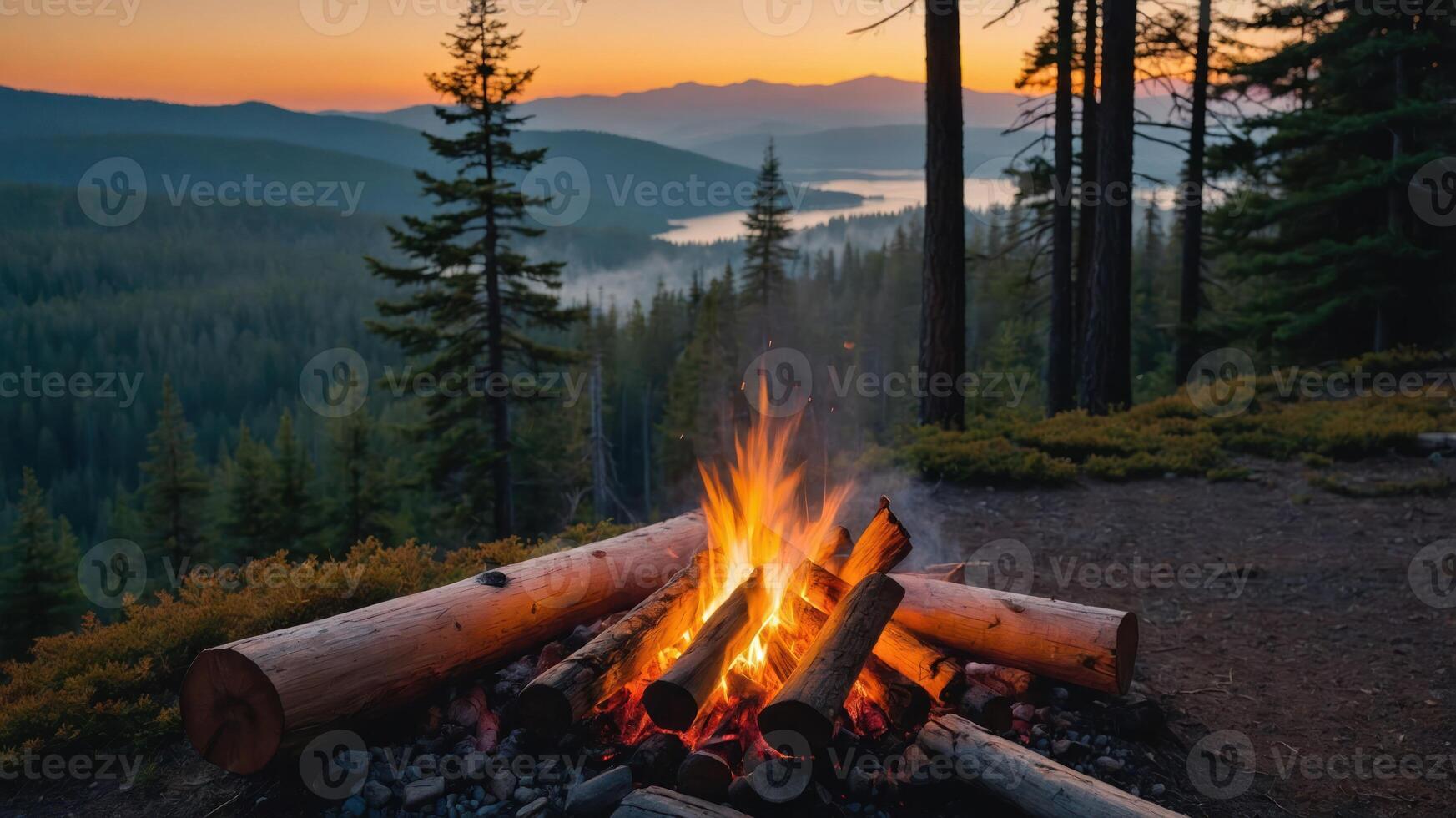 A warm campfire in a serene forest setting at sunset, perfect for relaxation and gathering. photo