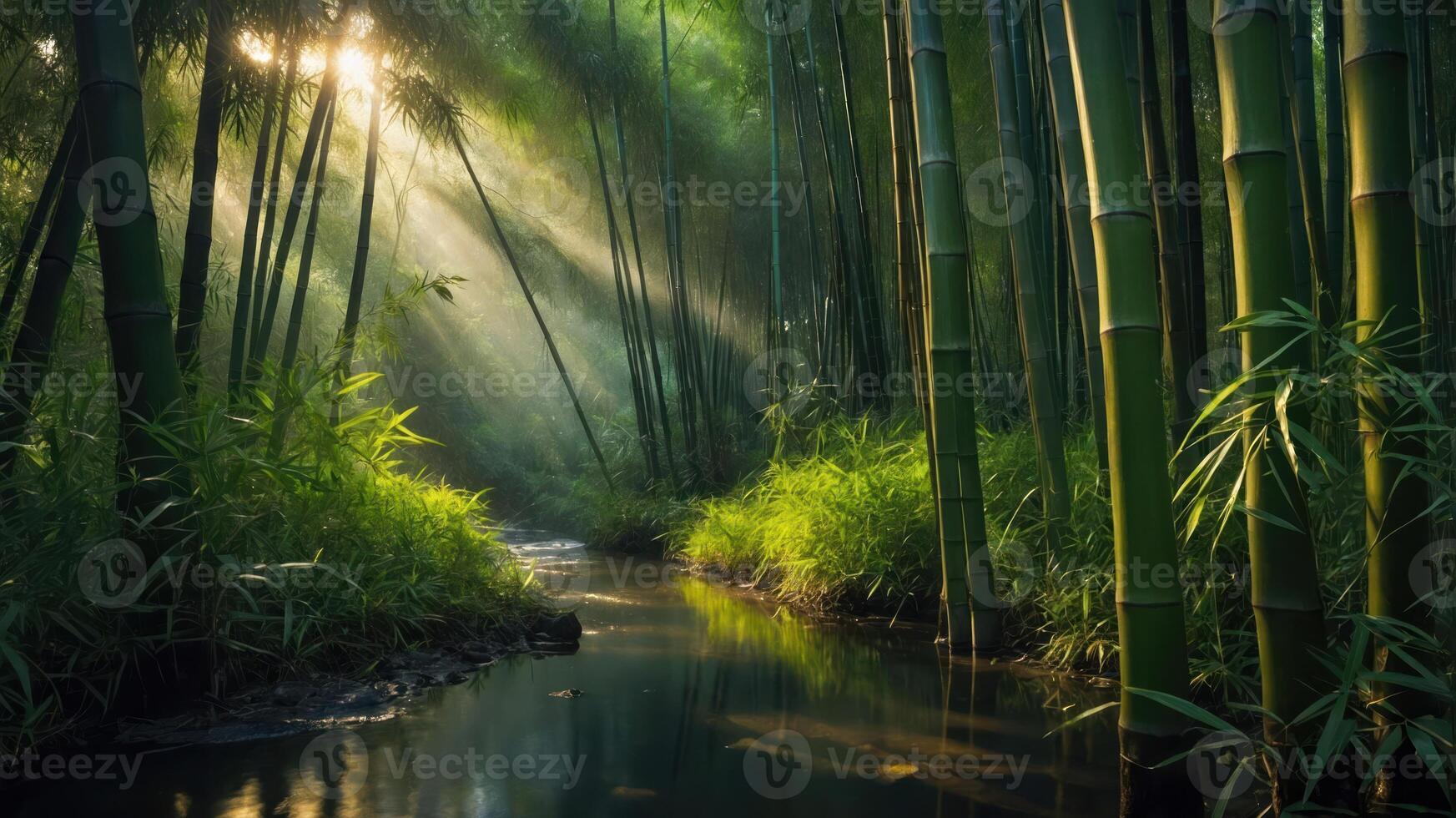 Serene bamboo forest with sunlight filtering through, reflecting in a tranquil stream. photo
