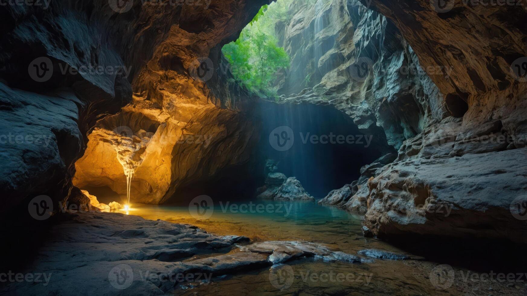 A serene cave with water and light filtering through, creating a tranquil atmosphere. photo