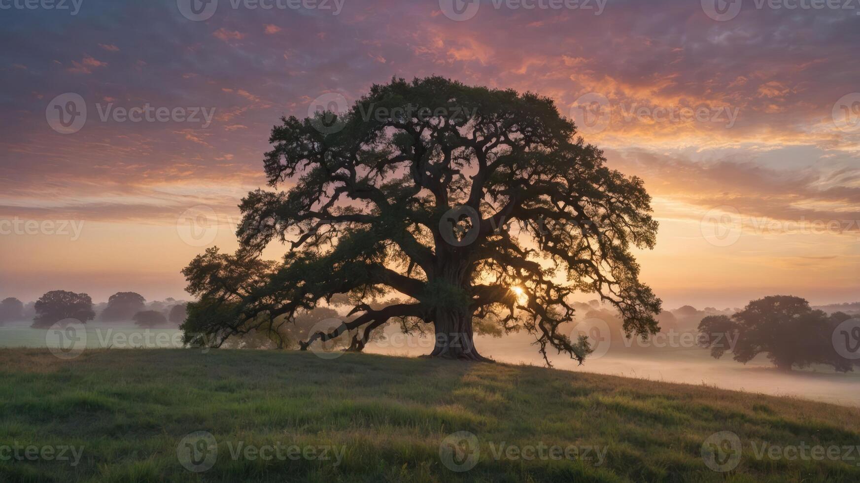 A majestic tree stands against a colorful sunrise, surrounded by misty fields. photo