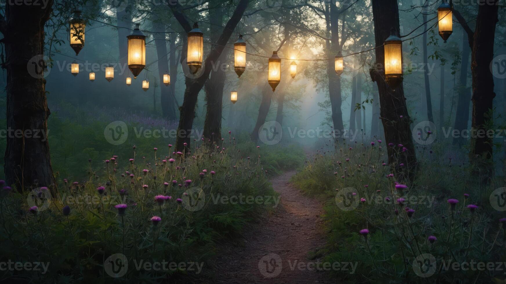 A serene forest path illuminated by lanterns, surrounded by flowers and mist. photo