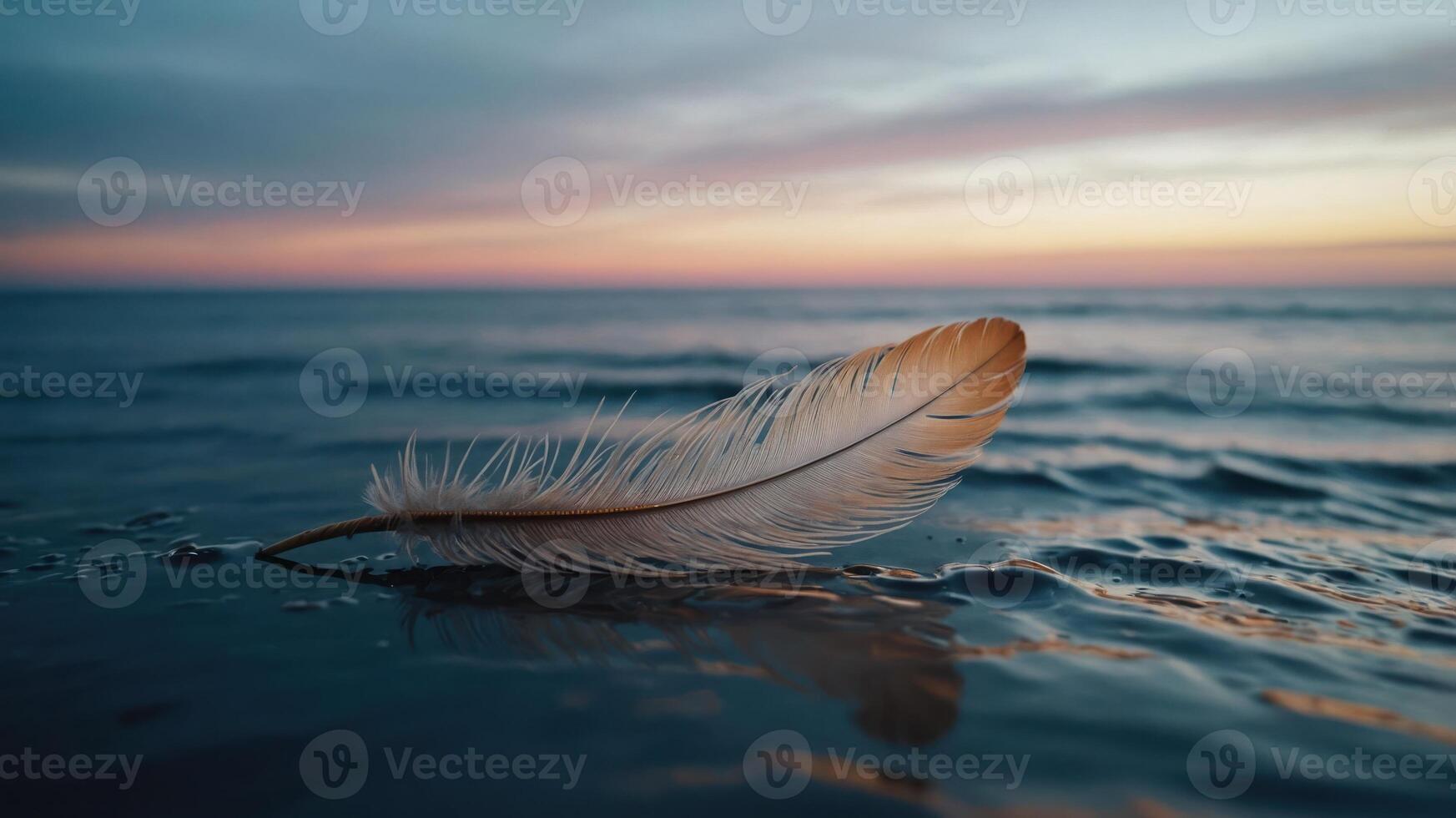 A delicate feather floats on calm ocean waves during a serene sunset. photo