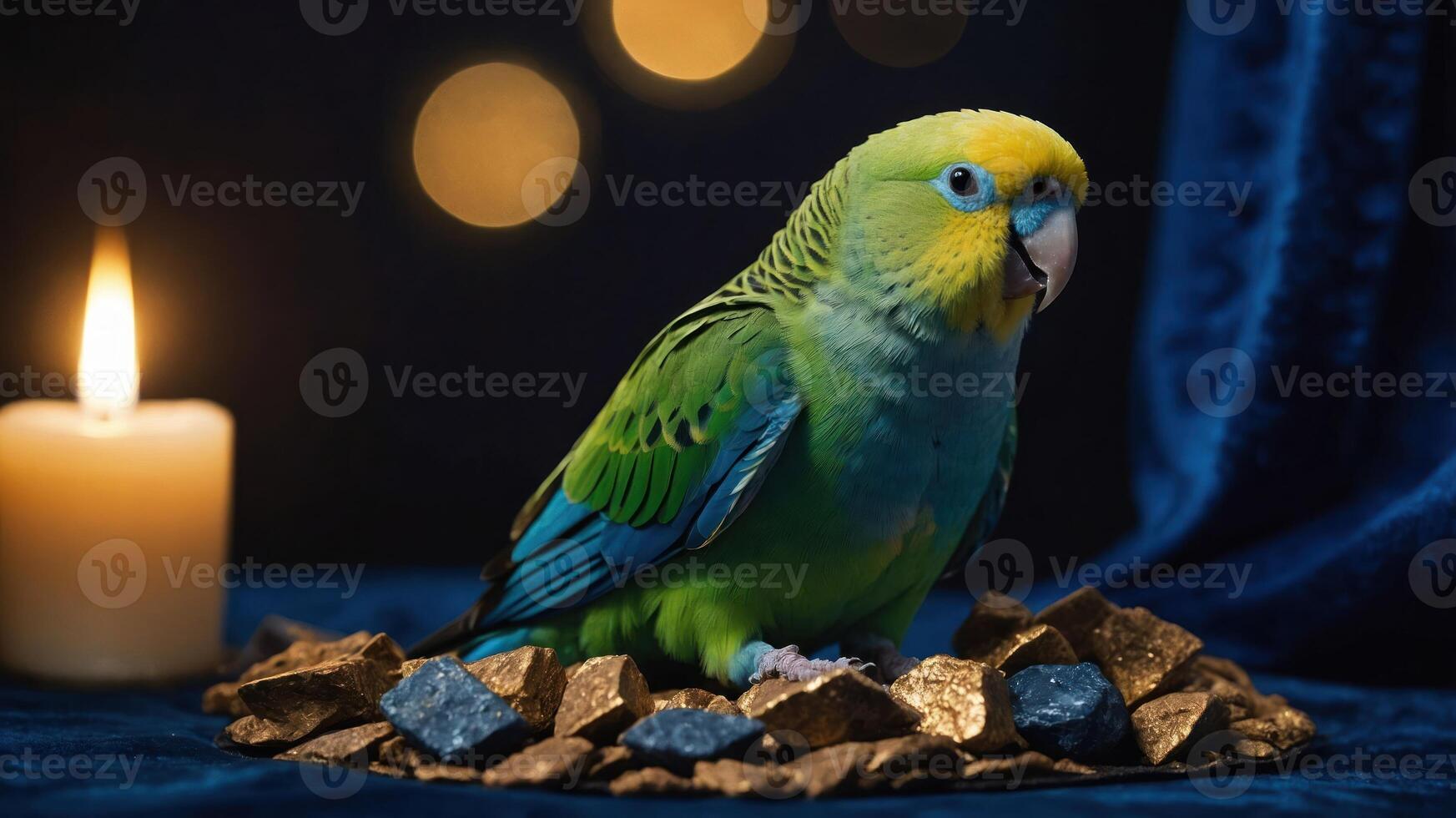 A vibrant parakeet perched on decorative stones beside a lit candle, creating a serene ambiance. photo