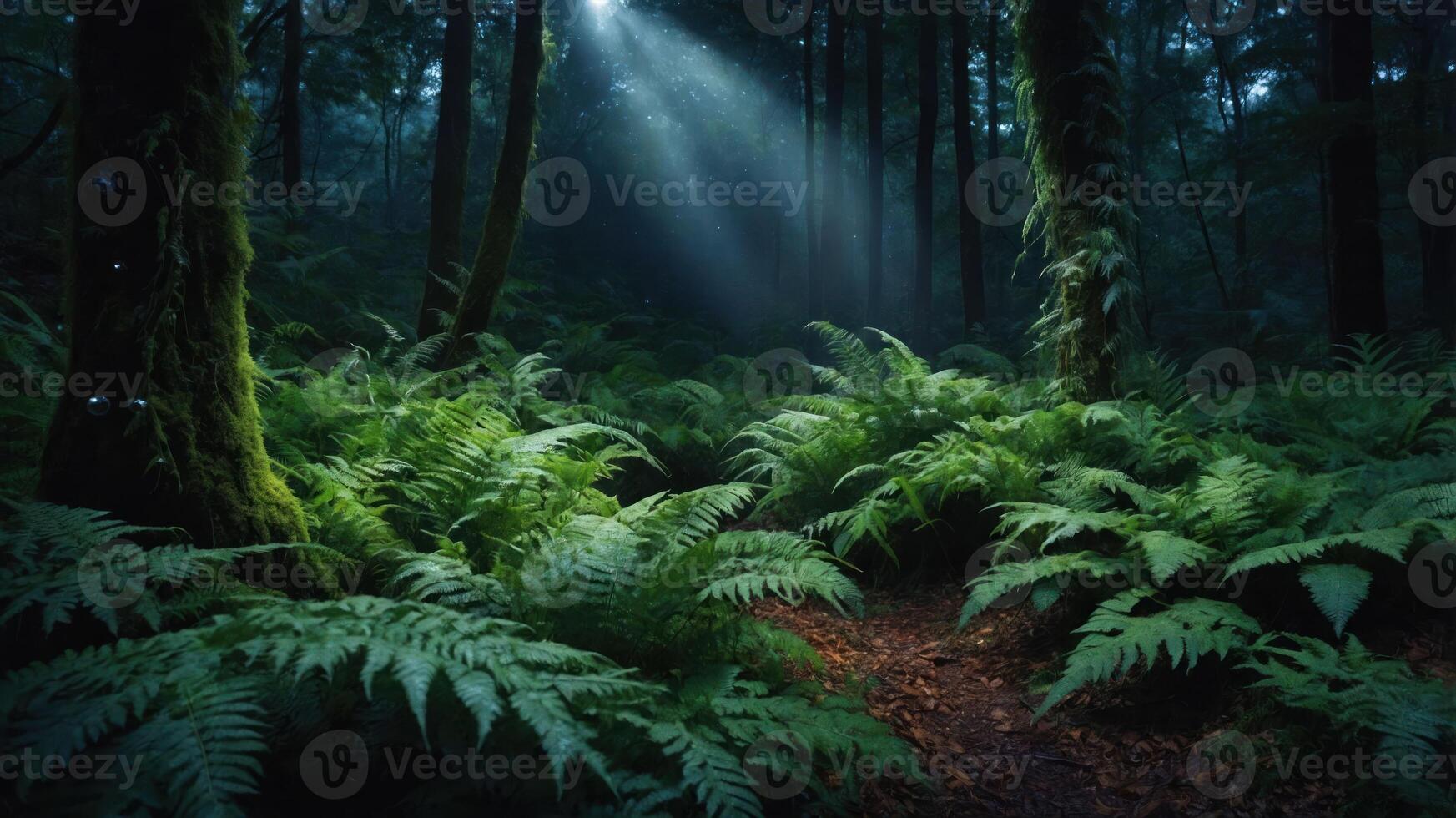 A serene forest scene with lush ferns and soft light filtering through the trees. photo
