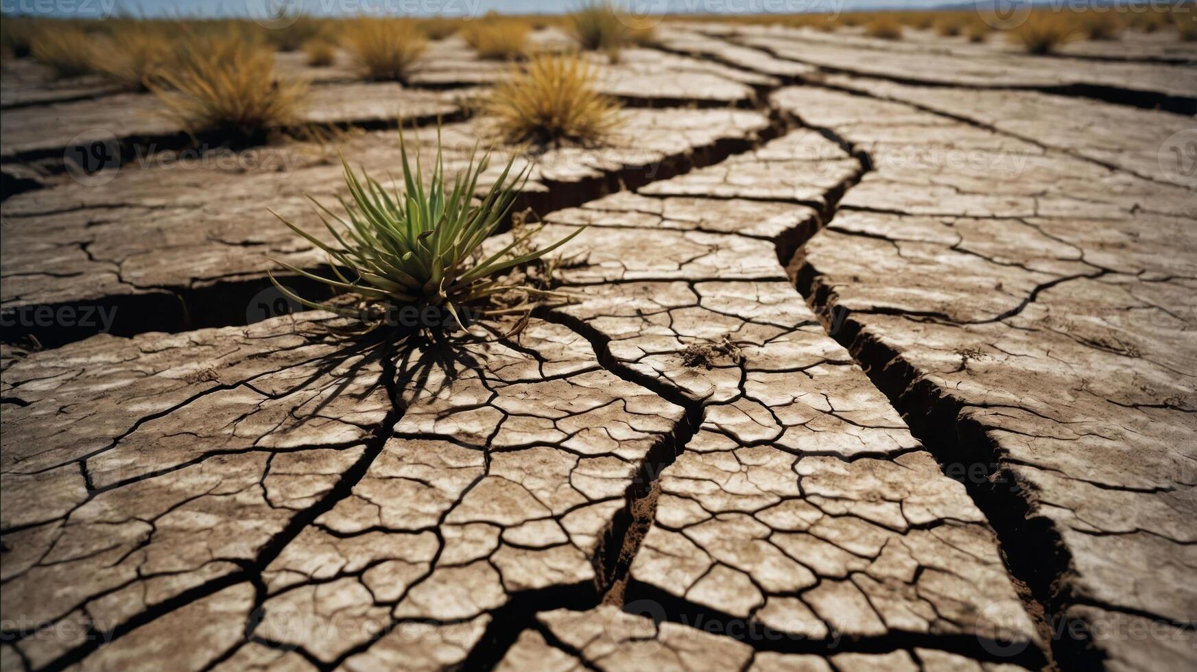 Cracked dry earth with sparse grass, illustrating drought and environmental change. photo