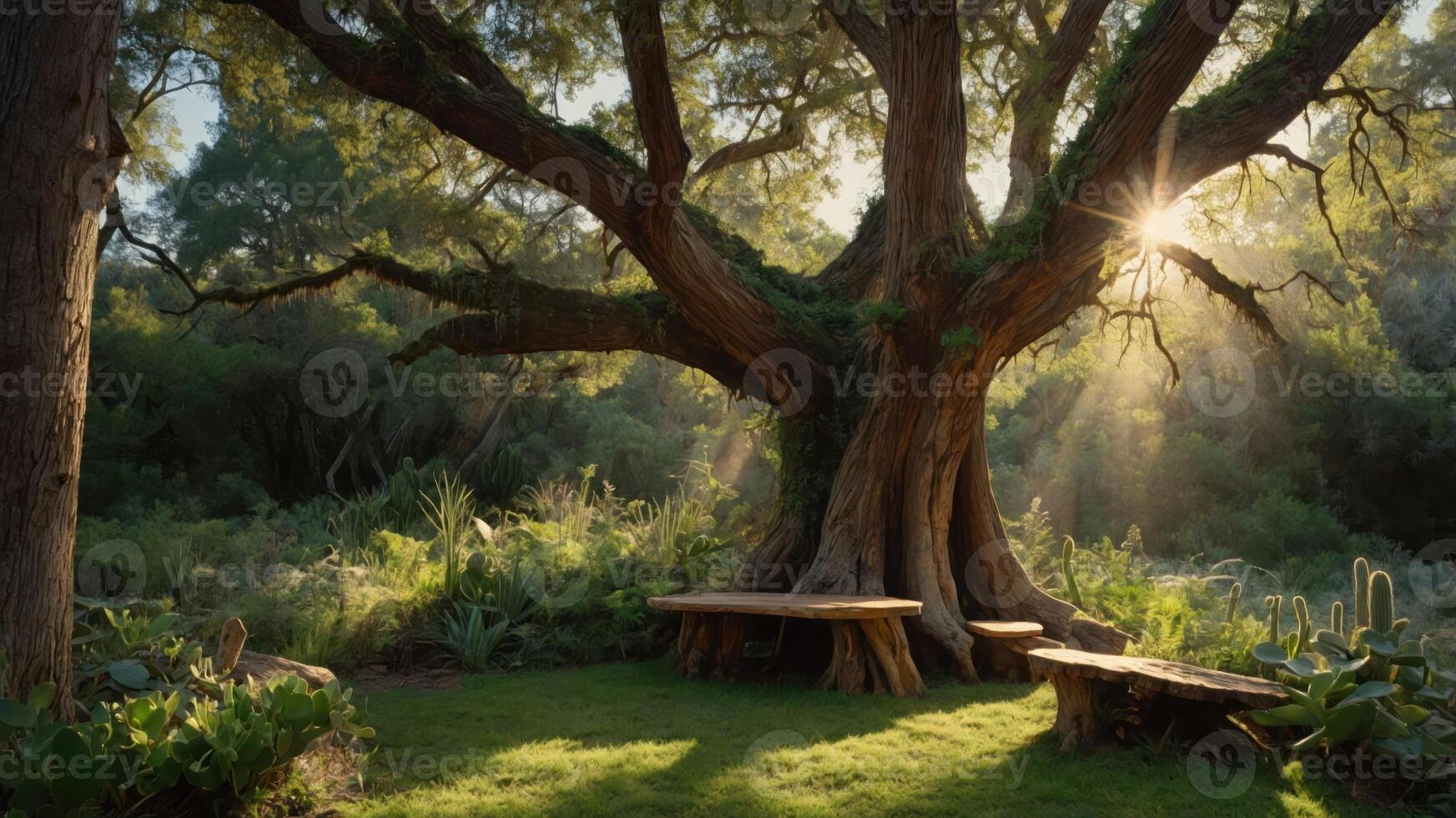 A serene forest scene featuring a large tree with benches, sunlight filtering through leaves. photo