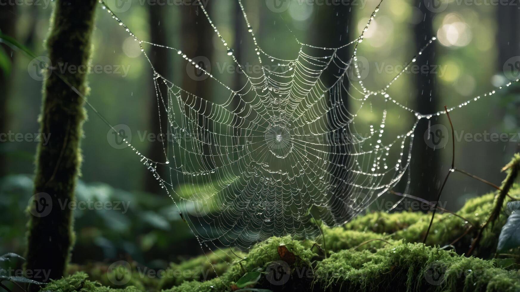 A delicate spider web adorned with dew in a lush forest setting. photo