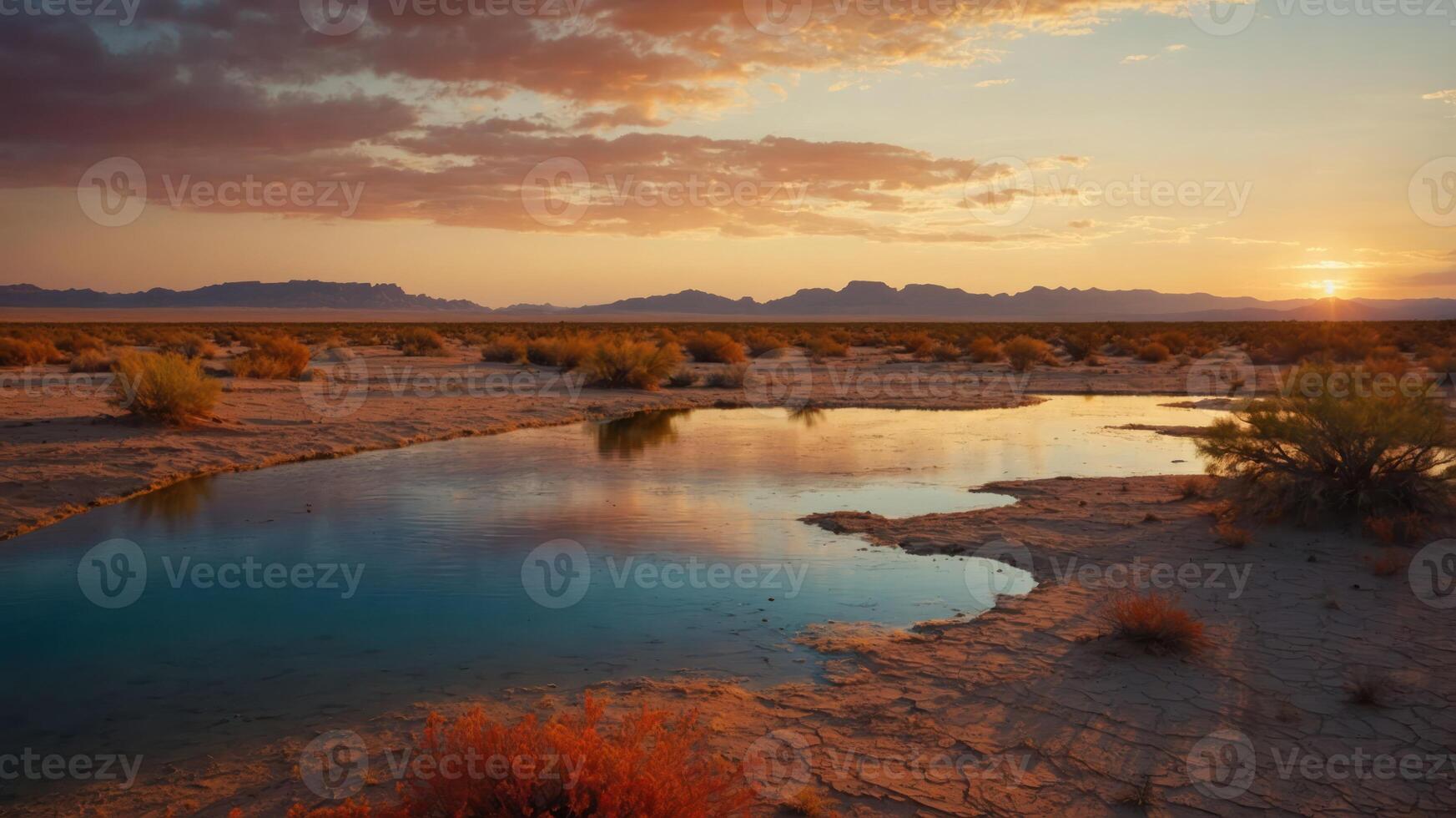 Tranquil desert landscape at sunset with a reflective pool and distant mountains. photo