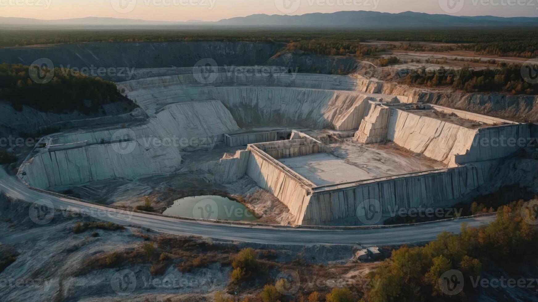 Aerial view of a large quarry, showcasing steep walls and a water-filled pit. photo