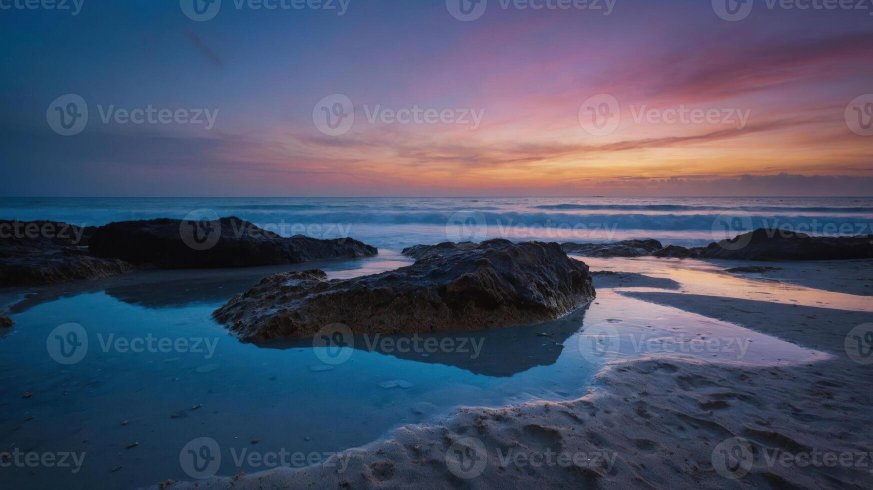 Serene beach landscape at sunset with rocks and gentle waves. photo