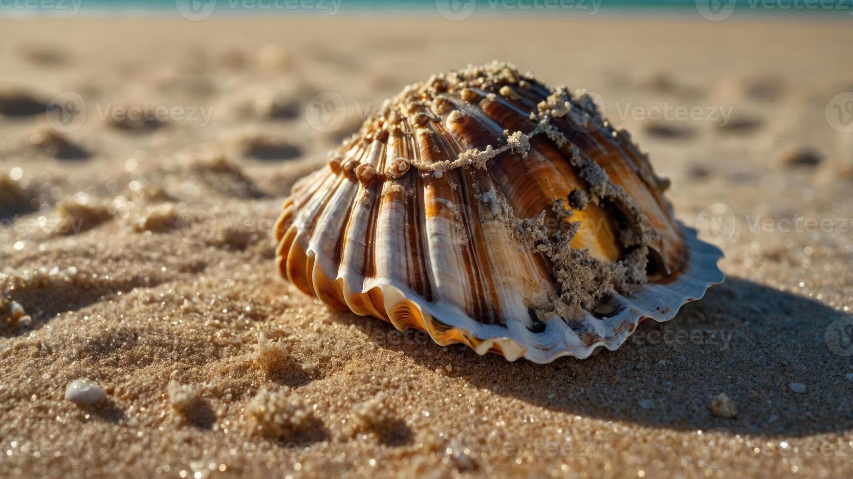 A close-up of a scallop shell resting on sandy beach. photo