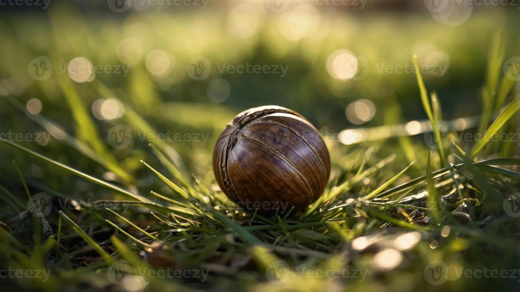 A wooden ball resting on grass, illuminated by soft natural light. photo