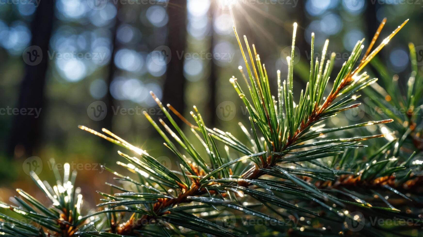 Close-up of pine needles glistening with dew in a forest setting. photo