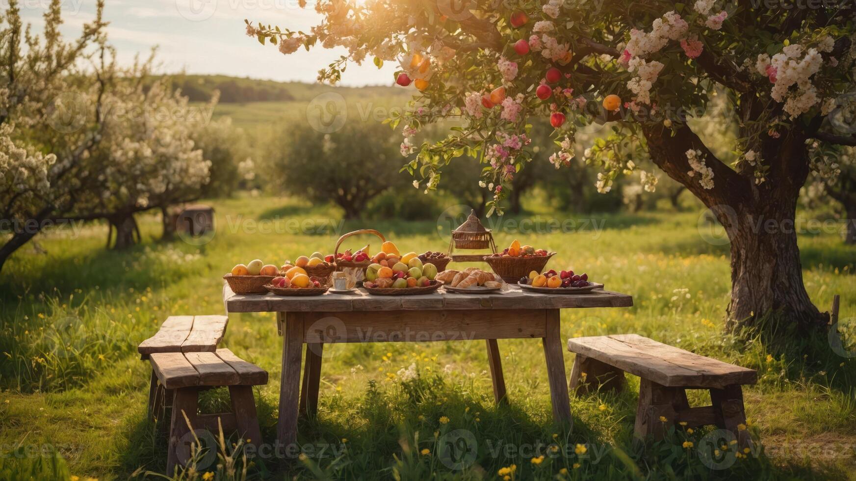 A rustic picnic setup with fruits and pastries under a blooming tree in a sunny orchard. photo
