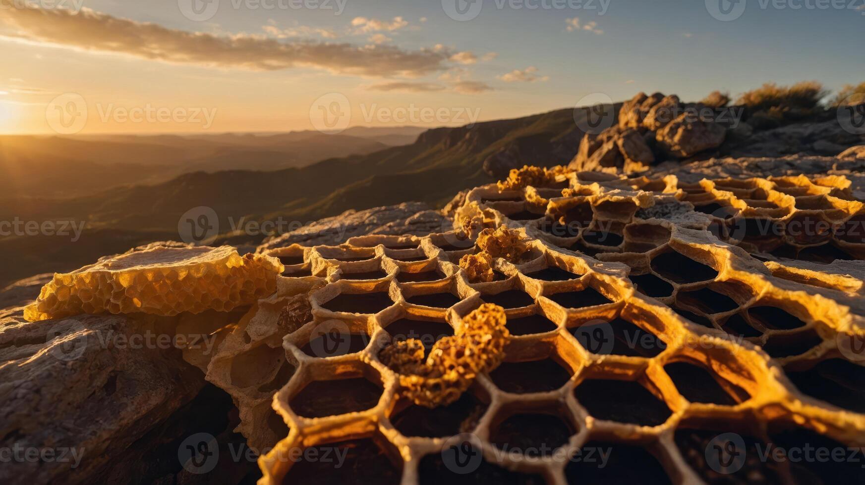 A close-up view of honeycomb structures illuminated by sunset light. photo
