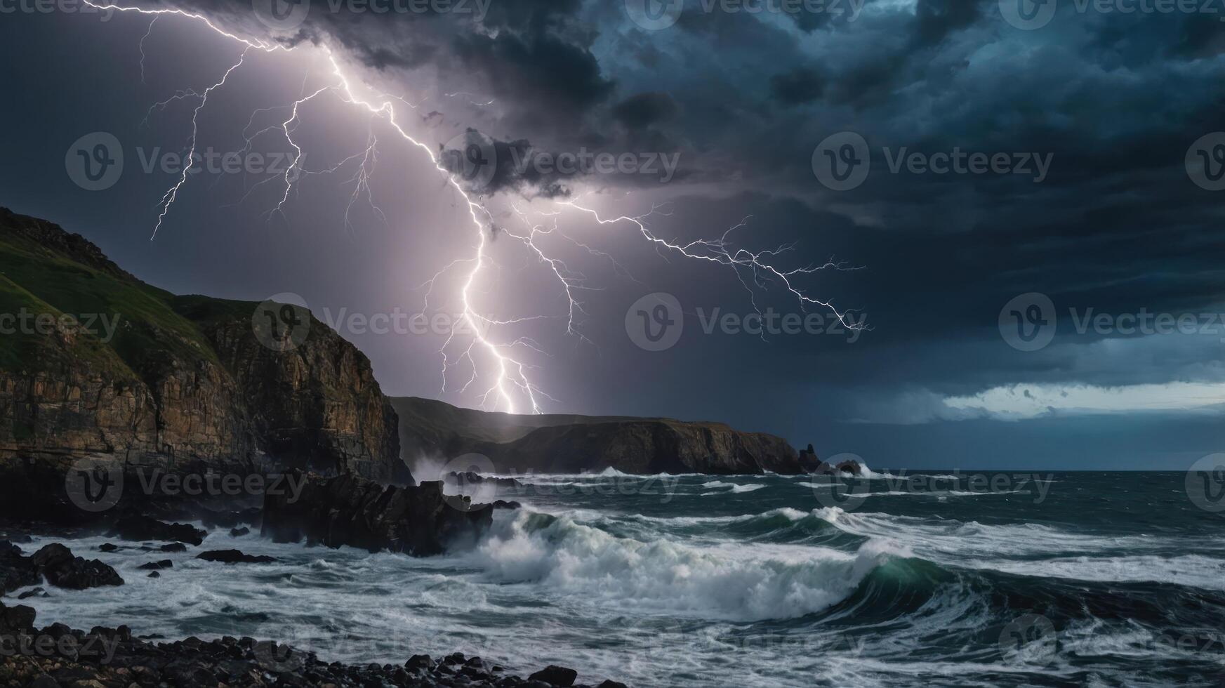 A dramatic seascape featuring lightning striking over turbulent waves and dark storm clouds. photo