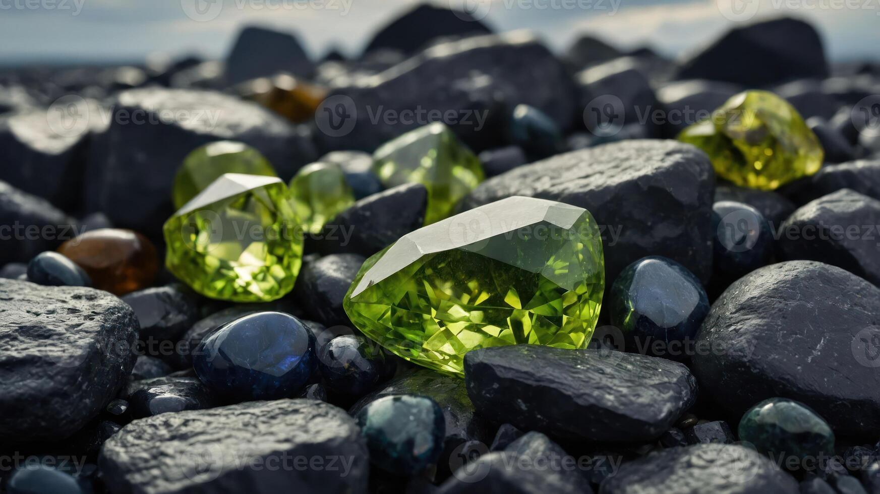 A collection of vibrant green gemstones scattered among dark stones on a textured surface. photo