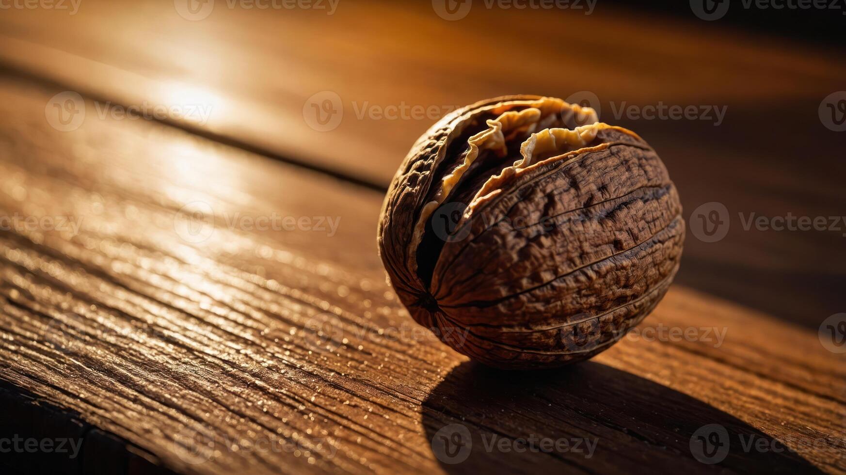 A close-up of a walnut resting on a wooden surface, highlighting its texture and natural beauty. photo