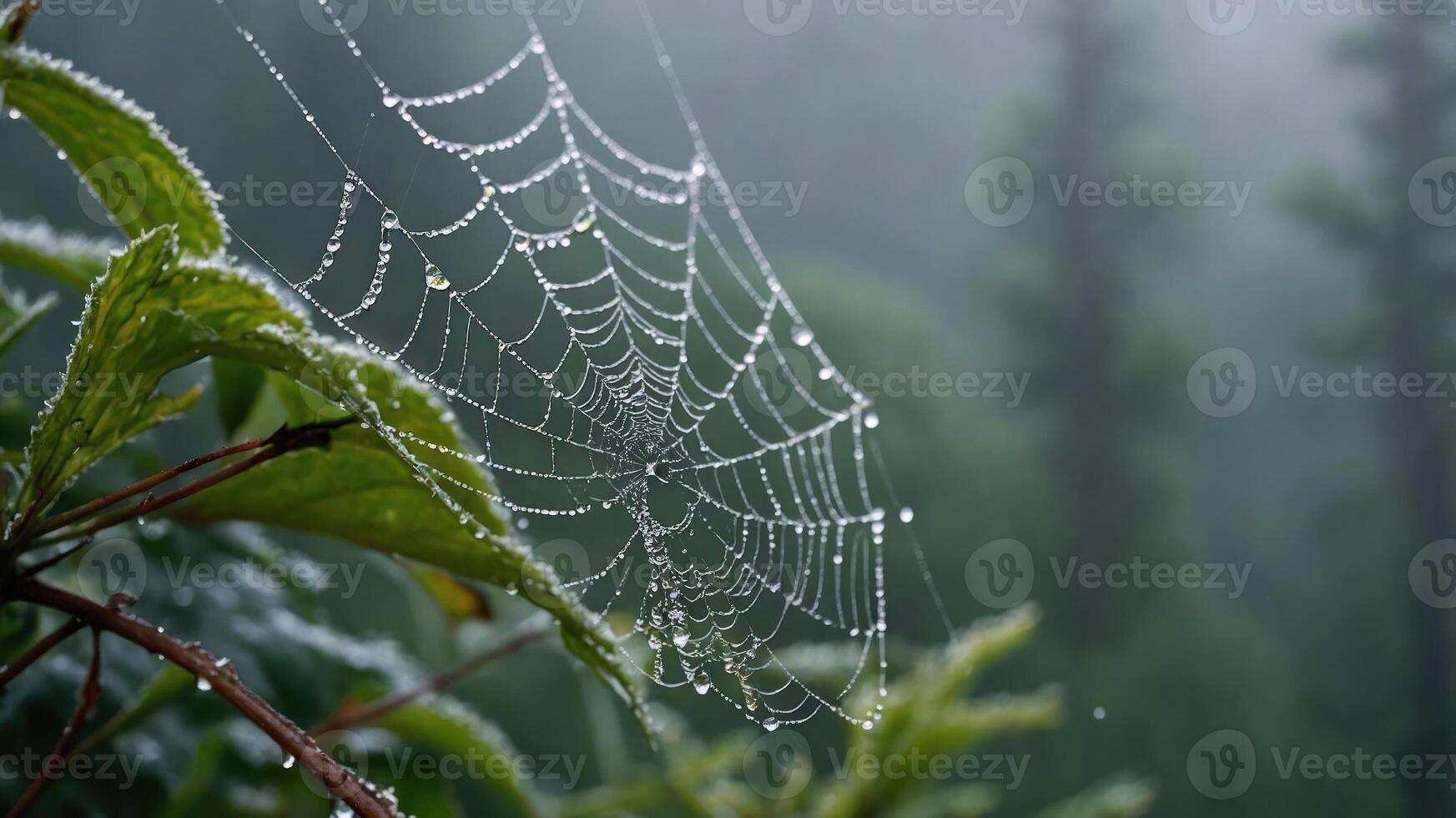 A close-up of a dew-covered spider web on foliage in a misty environment. photo