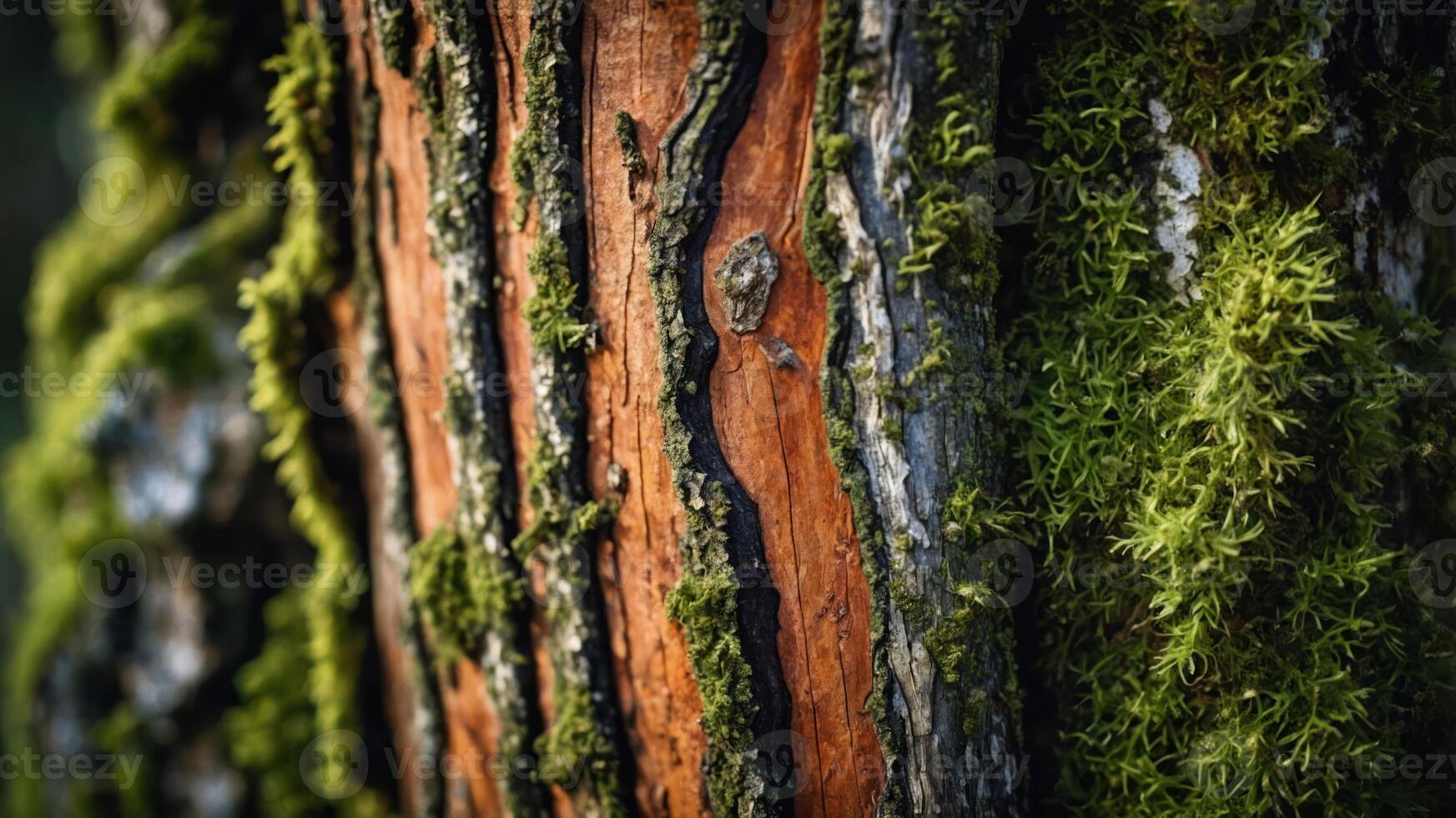 Close-up of a tree trunk with textured bark and moss, showcasing natural beauty. photo