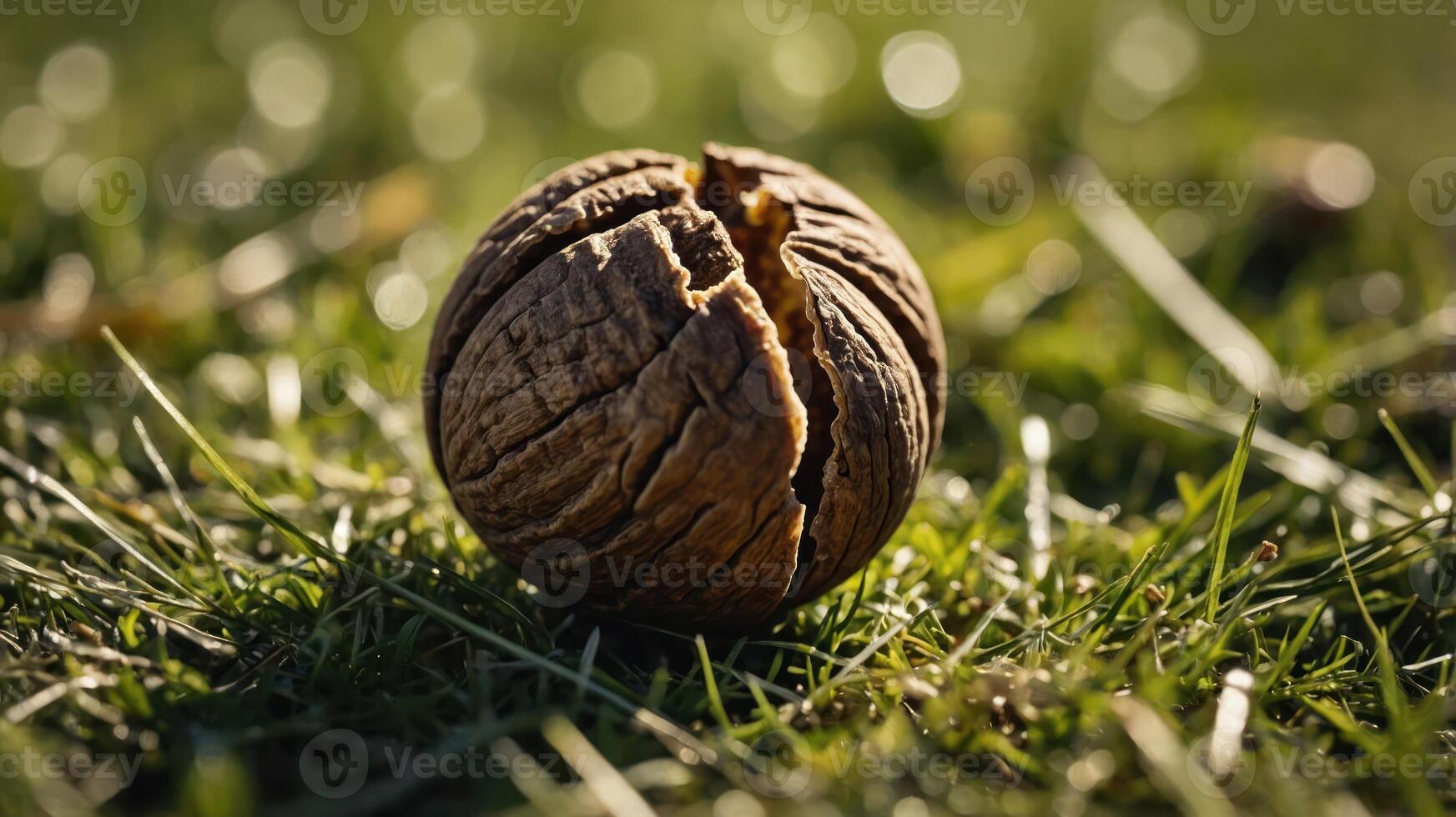 A cracked walnut resting on grass, showcasing nature's textures and colors. photo