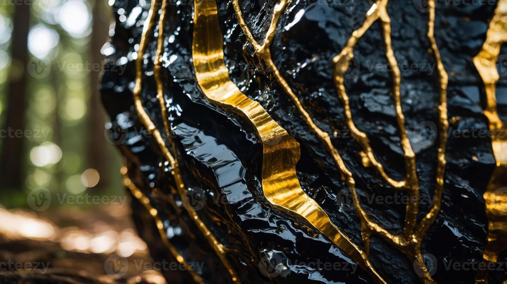 A close-up of a rock with golden veins in a forest setting. photo