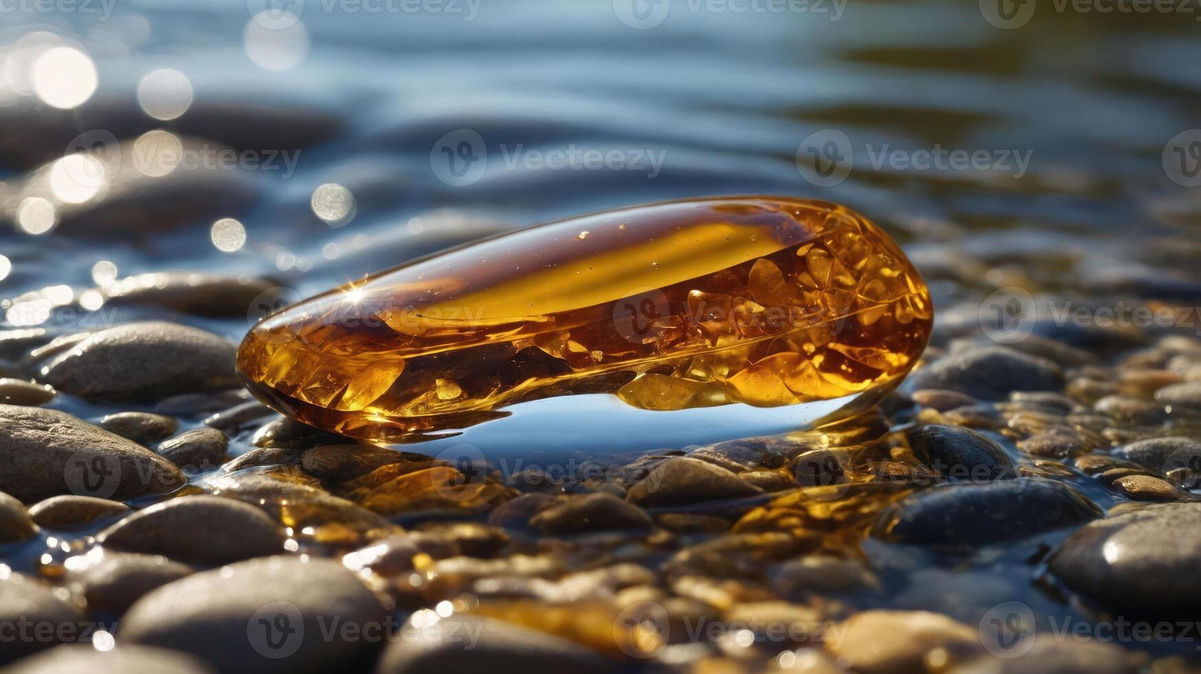 A polished amber stone resting on smooth pebbles in shallow water. photo