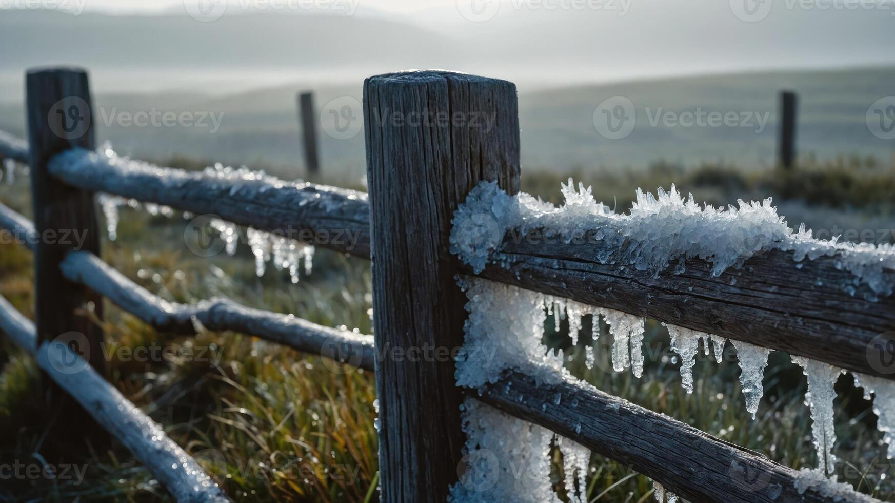 Frost-covered wooden fence with icicles in a serene, misty landscape. photo