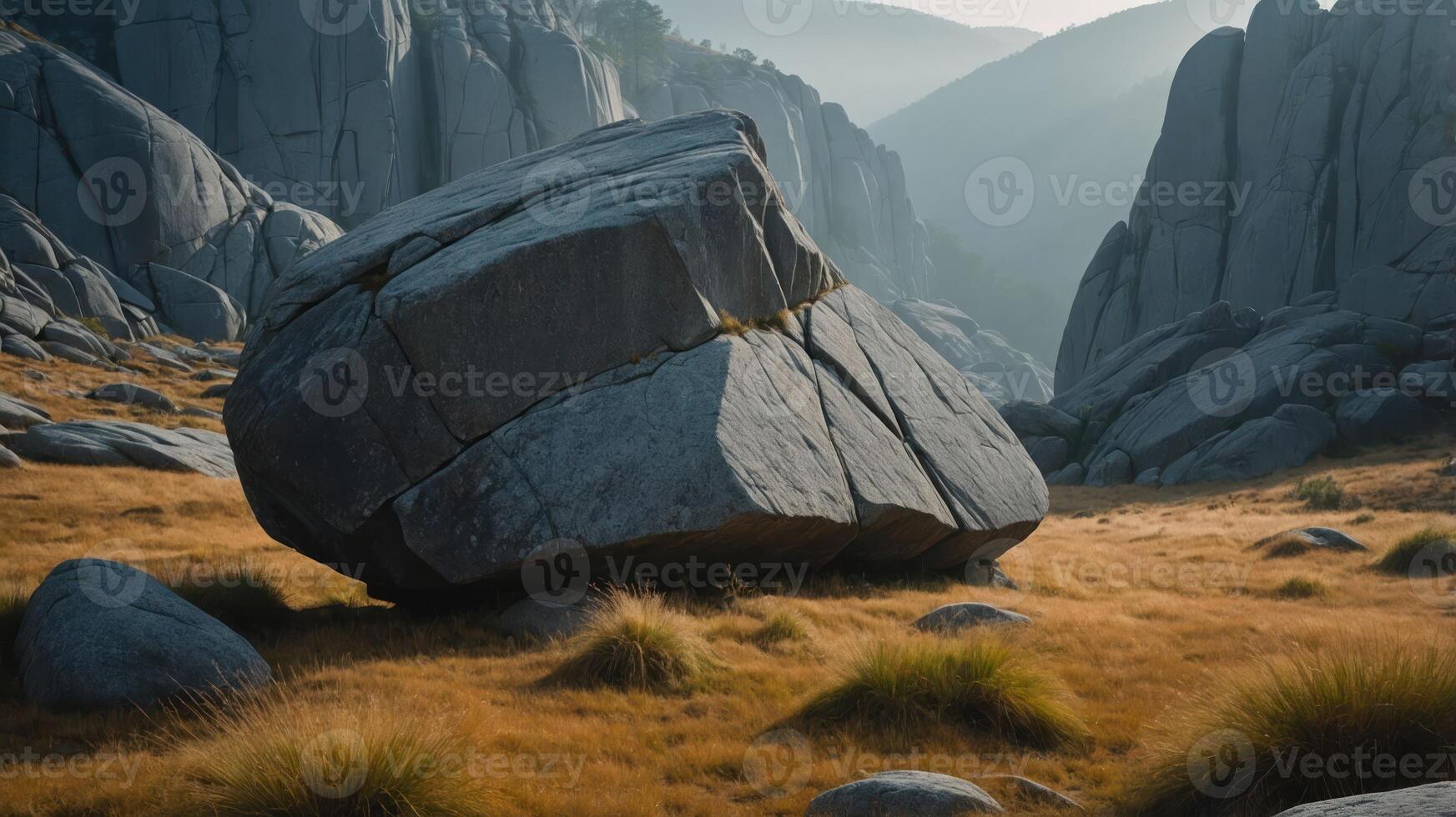 A large boulder rests in a grassy valley surrounded by rocky formations and distant mountains. photo