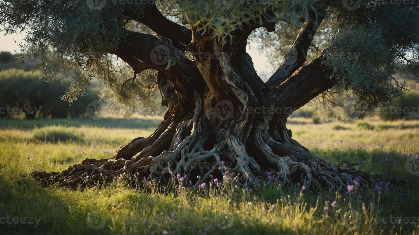 A majestic olive tree with intricate roots surrounded by lush grass and wildflowers. photo