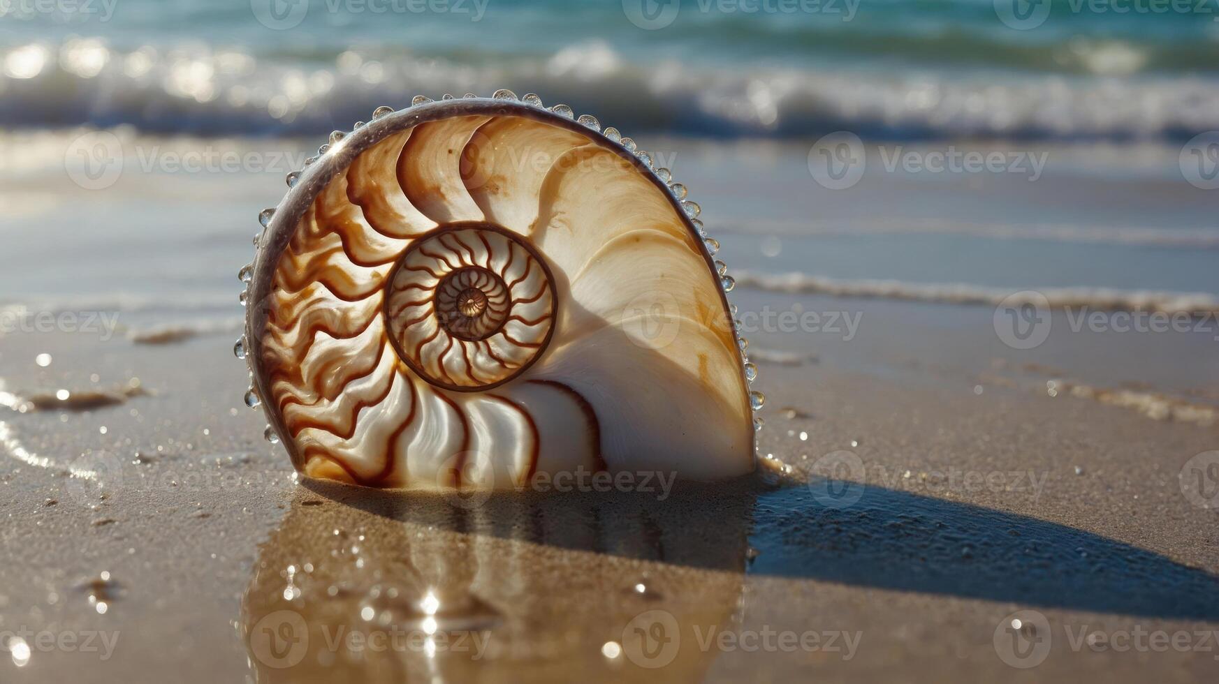 A nautilus shell resting on a sandy beach with gentle waves in the background. photo