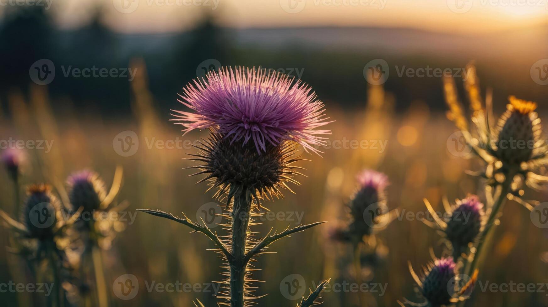 A close-up of a purple thistle flower in a sunlit field, highlighting nature's beauty. photo