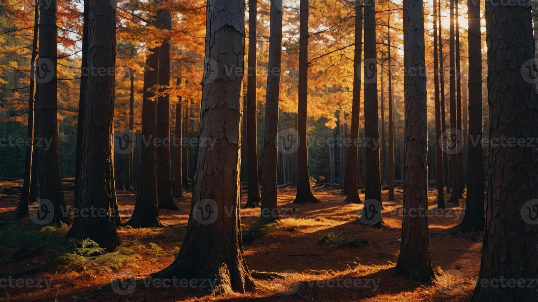 A serene forest scene with tall trees illuminated by warm autumn light. photo