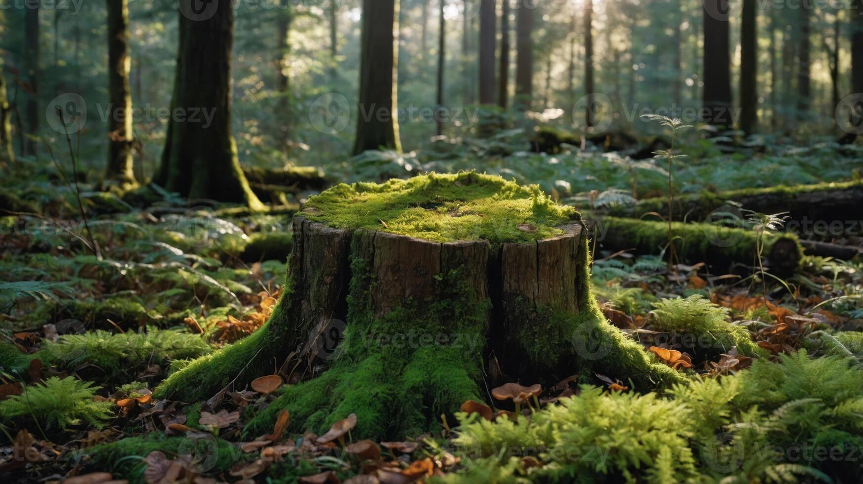 A moss-covered tree stump surrounded by lush greenery in a serene forest setting. photo