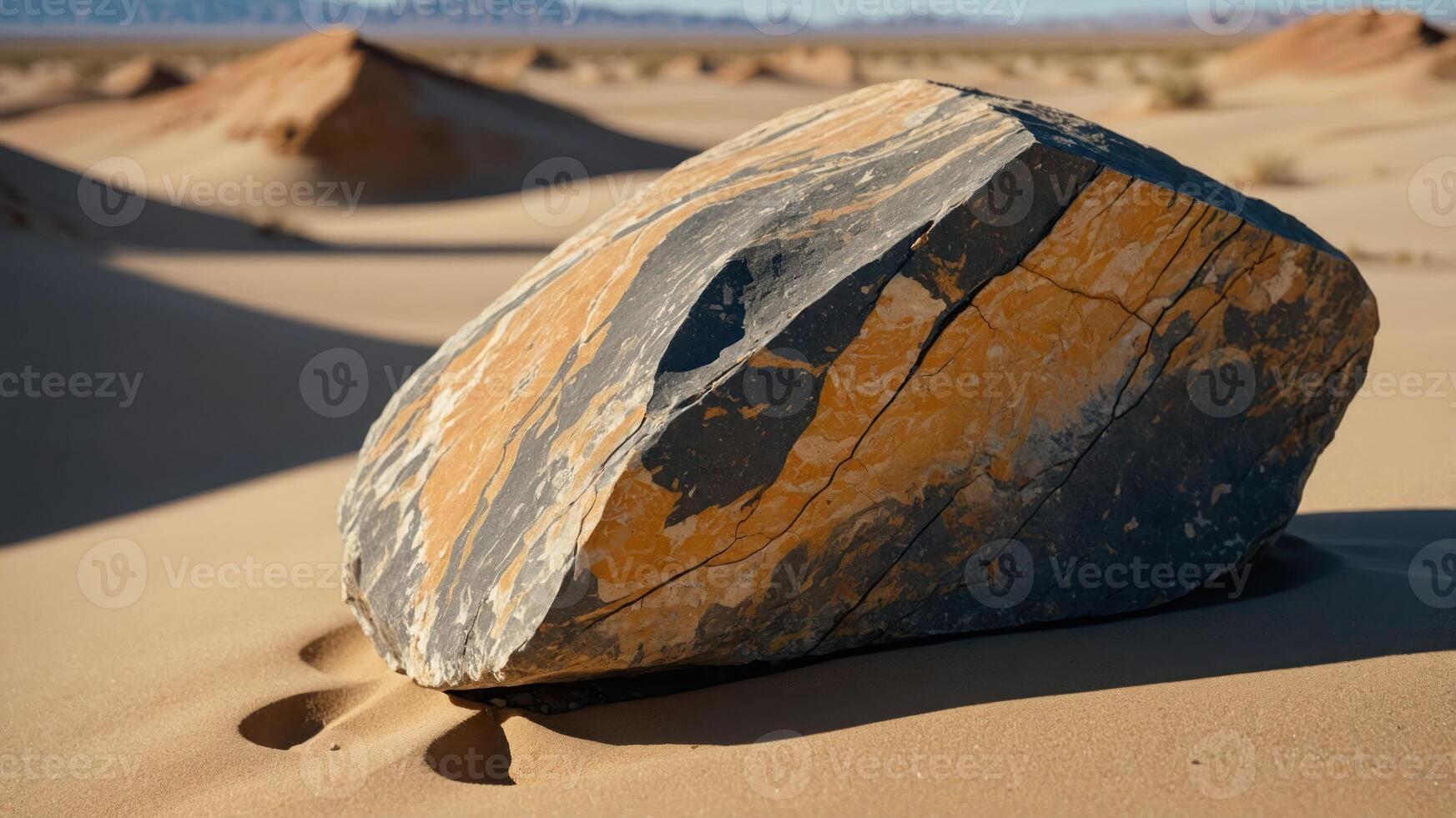 A large rock with orange and gray stripes sits in a sandy desert landscape. photo
