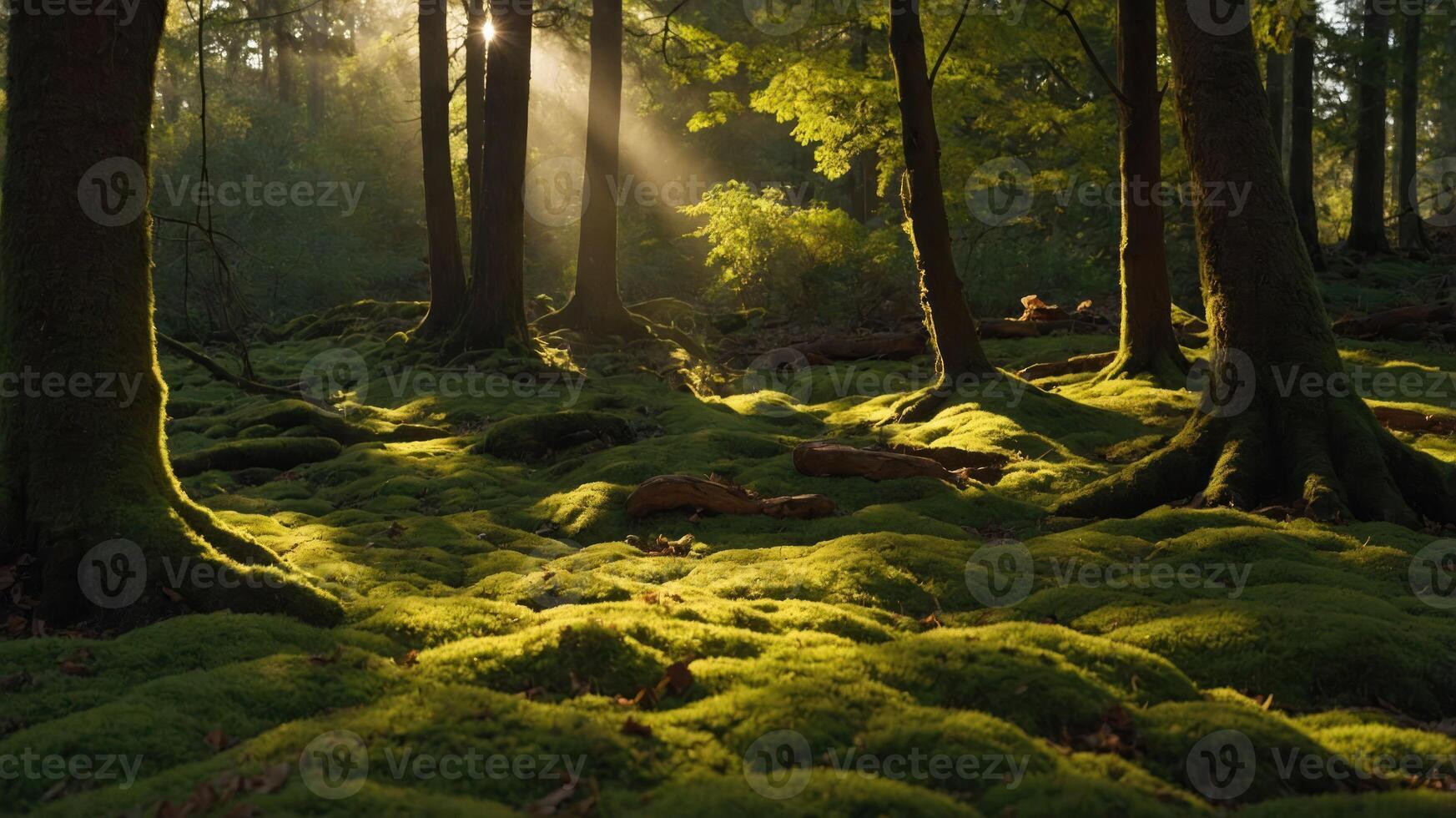 A serene forest scene with sunlight filtering through trees onto a moss-covered ground. photo